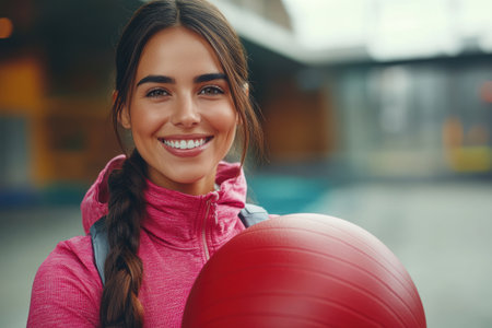 A woman with long braided hair smiles brightly while holding a red exercise ball. She wears a pink athletic jacket, suggesting an active lifestyle in a modern sports facility.の素材