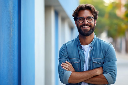 A man with glasses and a beard stands against a vibrant blue wall in an urban area, smiling with crossed arms. The warm sunlight showcases his laid-back style and charisma.の素材