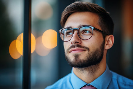 A young man with glasses and a neat beard sits by a large window. He appears contemplative, gazing out with a soft smile as city lights blur in the background.の素材