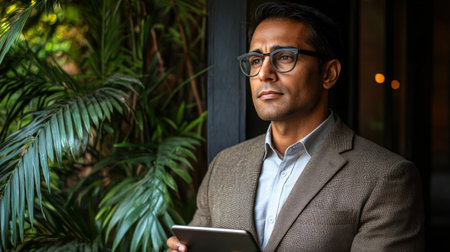 A focused man in a smart blazer stands near indoor plants while holding a tablet. He appears engaged in thought or planning, set in a cozy environment with soft lighting.の素材