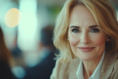 A woman with blonde hair smiles confidently, showcasing her elegance and poise at a social gathering in a contemporary environment filled with soft lighting.の素材