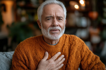 A middle-aged man with a beard and gray hair sits on a couch, showing a worried expression while holding his chest. Soft lighting creates a warm atmosphere in the room.の素材