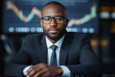 A confident man dressed in a black suit and glasses sits at a table, showcasing a professional demeanor. Behind him, financial charts depict market trends, signaling a dynamic work environment.の素材