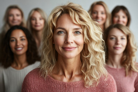 A group of seven women stands together in a studio, showing diverse hairstyles and expressions. They wear soft-toned sweaters and have warm, friendly smiles, creating a positive atmosphere.の素材