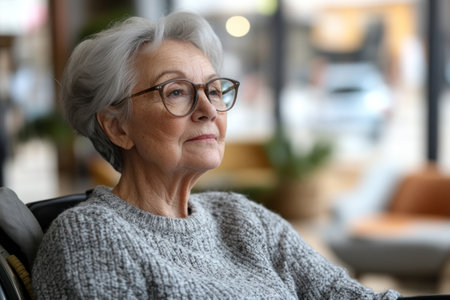 An elderly woman with short gray hair sits comfortably in a relaxed setting, gazing thoughtfully out the window. She wears glasses and a warm sweater, showing a calm demeanor.の素材
