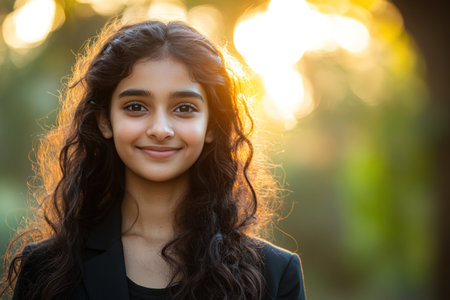 A young girl stands confidently outdoors with a warm smile. Sunlight filters through trees behind her, creating a beautiful golden glow, enhancing her joyful expression and curly hair.の素材