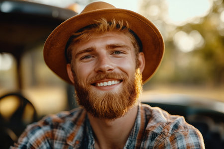 A young man with a well-groomed beard and a wide-brimmed hat smiles joyfully. The warm sunlight highlights his features against a rustic background.の素材