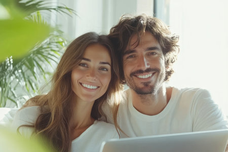 A couple sits closely on a couch, smiling and looking at a laptop. Sunlight filters through the window, creating a warm atmosphere. Green plants add a fresh touch to the setting.の素材