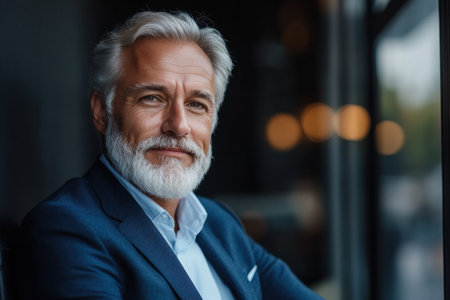 A man with silver hair and a neatly groomed beard sits confidently in a contemporary interior. His smile reflects warmth and approachability, suggesting expertise and experience.の素材
