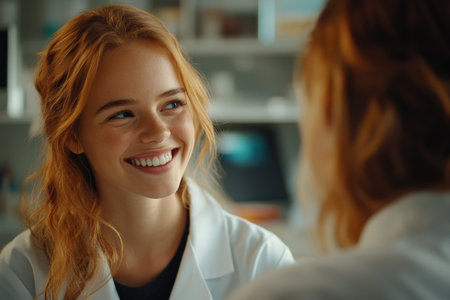 A cheerful woman in a white lab coat shares a joyful moment with a colleague in a professional laboratory environment. The atmosphere is positive and collaborative.の素材
