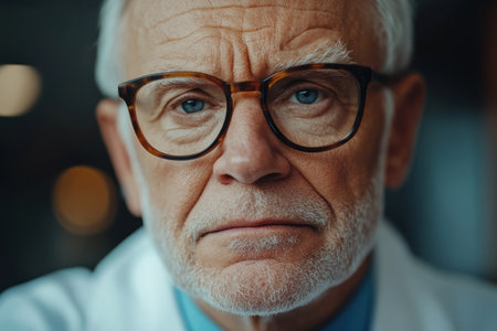 A senior male professional with glasses displays a serious expression. His white coat suggests a medical background, and the setting implies a healthcare environment.の素材