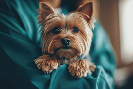A small dog with long, silky fur relaxes in the arms of its owner. The cozy indoor setting is bright, with gentle light highlighting the dogs features.の素材