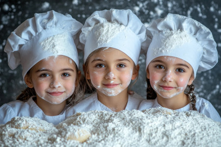 Three young children wearing chef hats smile while surrounded by flour in a kitchen setting. They enjoy a playful moment, showcasing their joy while baking together.の素材