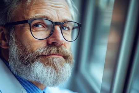 A cheerful elderly man with a distinguished beard and glasses gazes contently by the window in a bright indoor environment. His expression conveys warmth and wisdom.の素材