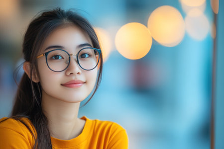 A young woman with glasses sits indoors, wearing a cozy orange sweater. She smiles gently at the viewer, surrounded by a soft, out-of-focus bokeh background of lights.の素材