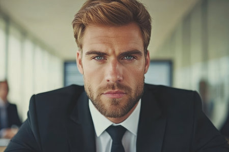 A well-groomed man in a suit sits at a conference table, looking directly at the viewer with determination. The bright office background features blurred colleagues and large windows.の素材