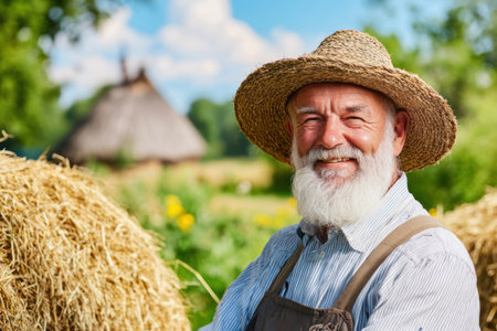 A cheerful farmer with a white beard and straw hat poses beside hay bales in a vibrant agricultural setting. Lush greenery and a rustic barn complete the picturesque scene.の素材