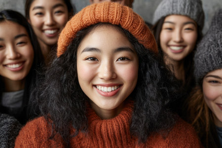A group of young women, all dressed in warm sweaters and hats, share laughter and joy during a winter gathering indoors, creating a cozy and festive atmosphere.の素材