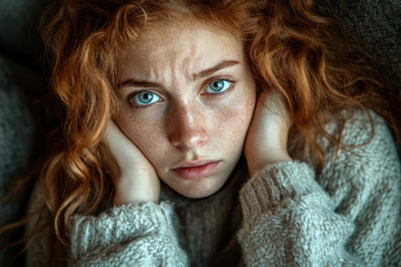 A young woman with vibrant red curly hair and striking blue eyes expresses intense emotions with a troubled look. She sits indoors, holding her head in her hands, surrounded by soft textures.の素材