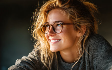 Bright smile of a young woman with glasses is captured in a warm indoor setting during twilight.の素材