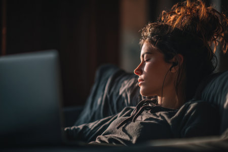 Girl sleeps peacefully on couch with earbuds laptop nearby illuminated by warm afternoon sunlight.の素材