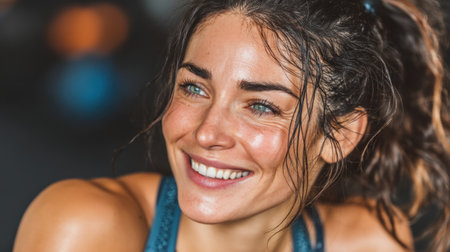 Excited woman with glowing skin enjoys a moment of joy after completing a challenging workout session.の素材