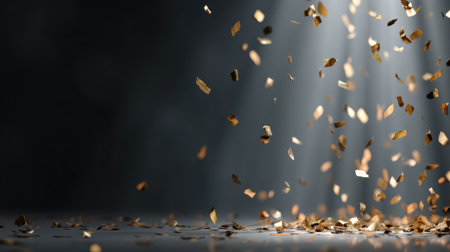 Golden confetti drifts down in a softly lit dark setting creating a festive atmosphere.の素材