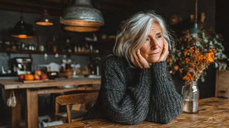 Woman with gray hair reflects quietly while seated at wooden table in a rustic cafe with cozy atmosphereの素材