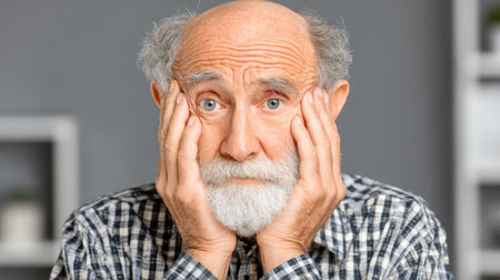 Concerned senior man expresses worry while seated in a comfortable indoor environment.の素材