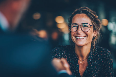 A woman with glasses smiles warmly while shaking hands with a man in a modern workspace.の素材