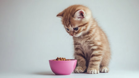 Fluffy ginger kitten watches intently as it approaches a pink bowl filled with cat food ready to eat.の素材