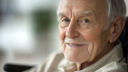 Elderly man with white hair smiles warmly while seated in a wheelchair at home during afternoon lightの素材