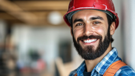 A cheerful construction worker stands in a contemporary workspace wearing a hard hat and plaid shirt during daylight.の素材