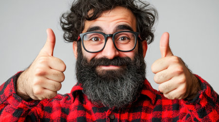 A cheerful man wearing glasses and a red flannel shirt gives two thumbs up with a big smile indoors.の素材
