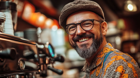 A cheerful barista enjoys his work behind an espresso machine in a lively coffee shop atmosphere.の素材