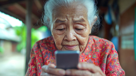 An elderly woman with gray hair is focused on her smartphone while sitting outdoors in a quaint village.の素材