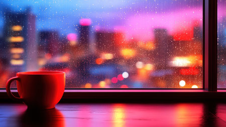 A warm cup rests on a windowsill with raindrops on the glass showcasing a colorful city nightlife.の素材