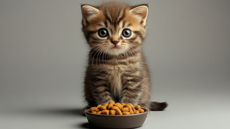 A small adorable kitten with big eyes is ready to eat from a bowl of dry food looking curiously at the camera.の素材