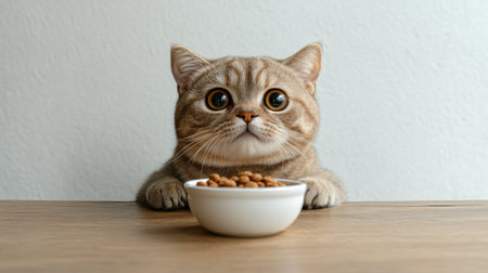 A fluffy feline sits at a wooden table intensely focused on a bowl of cat food in front of it.の素材