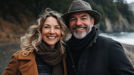 Two smiling individuals stand close together on a beach enjoying a chilly day by the shore.の素材