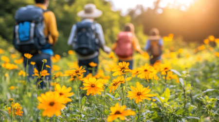 Four friends stroll through a vibrant meadow filled with yellow flowers during a sunny afternoon.の素材