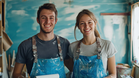Two young people smile while painting a room with blue walls showing their teamwork and creativity.の素材