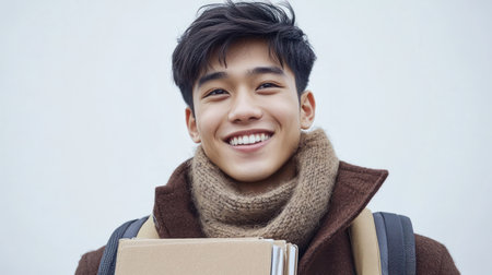 Young man expresses joy while holding books close dressed warmly for winter in a bustling urban area.の素材