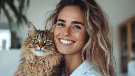 A woman with long hair smiles brightly while holding a large fluffy cat close in a warm inviting settingの素材