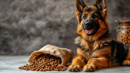 A happy german shepherd lies next to a bag of dog food with kibble spilled on the floor inside a warm home.の素材