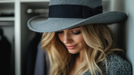 A woman with long hair and a fashionable hat looks downward while in a closet filled with clothing.の素材