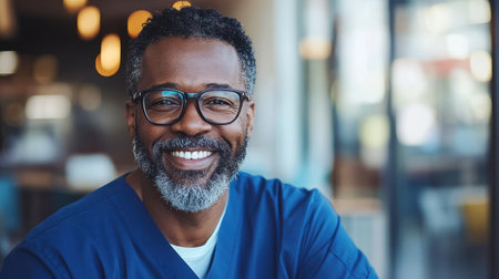 A healthcare worker with glasses and a beard smiles warmly while wearing scrubs in a clinic setting.の素材