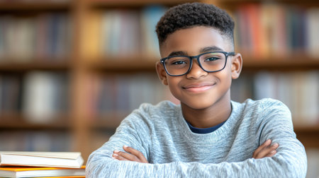 A young boy with glasses sits with his arms crossed in a library smiling warmly while surrounded by shelves of books.の素材