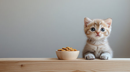 A fluffy kitten with bright blue eyes sits beside a bowl of cat food on a wooden table in a warm ambiance.の素材