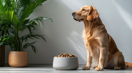 A golden retriever rests quietly near a bowl filled with dog food surrounded by indoor plants and light.の素材